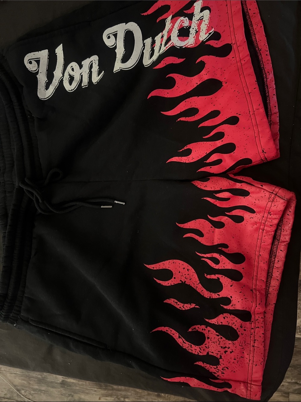 New Von Dutch Black Shorts with Red Flame Design